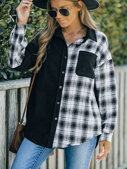 Camisa de lana con bolsillos sueltos y manga larga para mujer