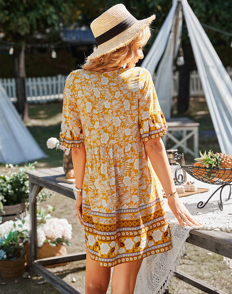 Robe décontractée à manches bouffantes à fleurs pour femmes