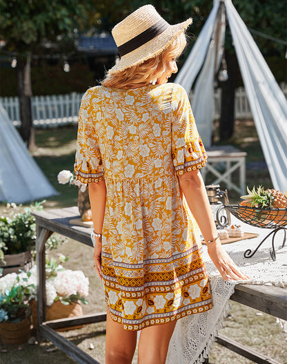 Robe décontractée à manches bouffantes à fleurs pour femmes