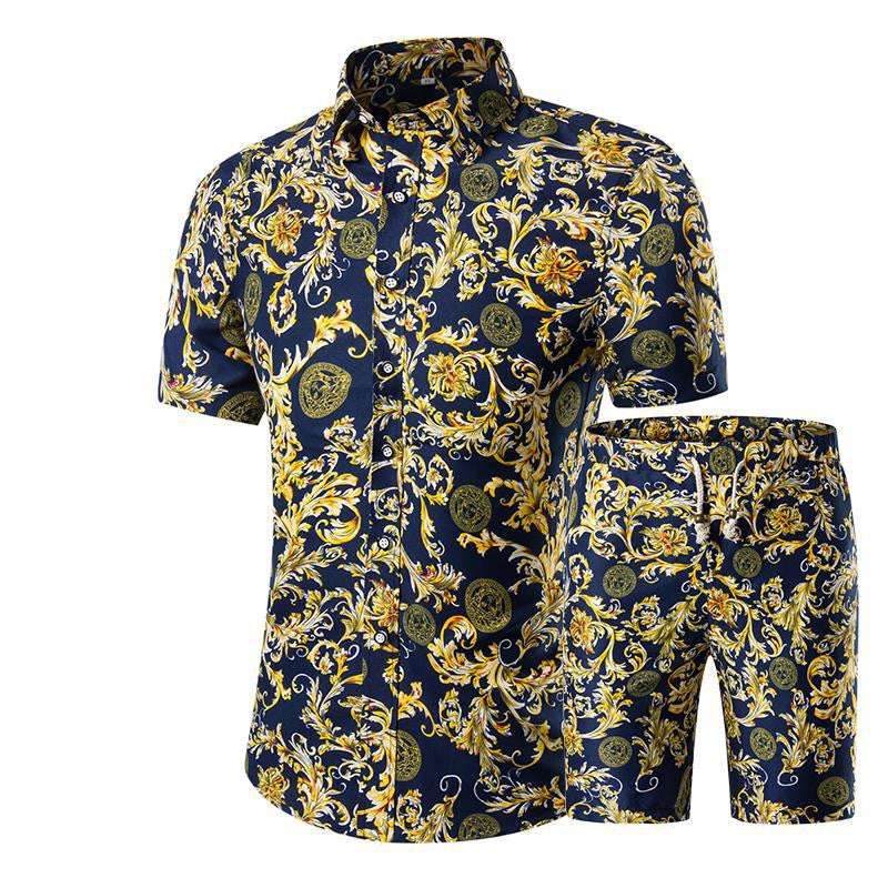Short-Sleeved Floral Shirt Shorts A Set Of Cross-Border Men'S Beachwear Floral Sports