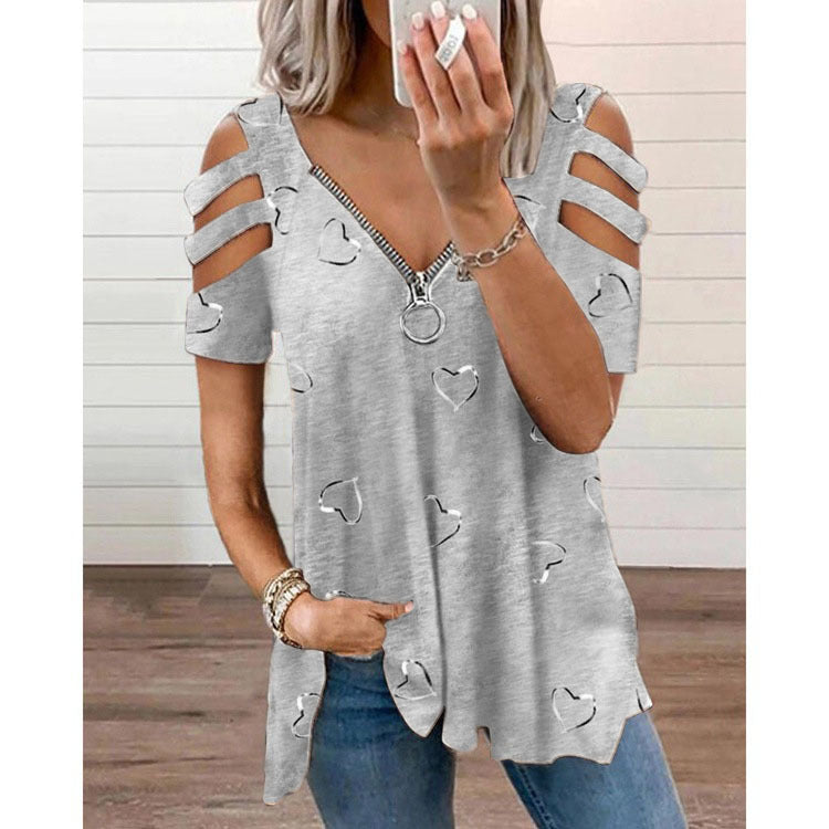 Camiseta informal holgada de manga corta con estampado de cremallera y cuello en V para mujer