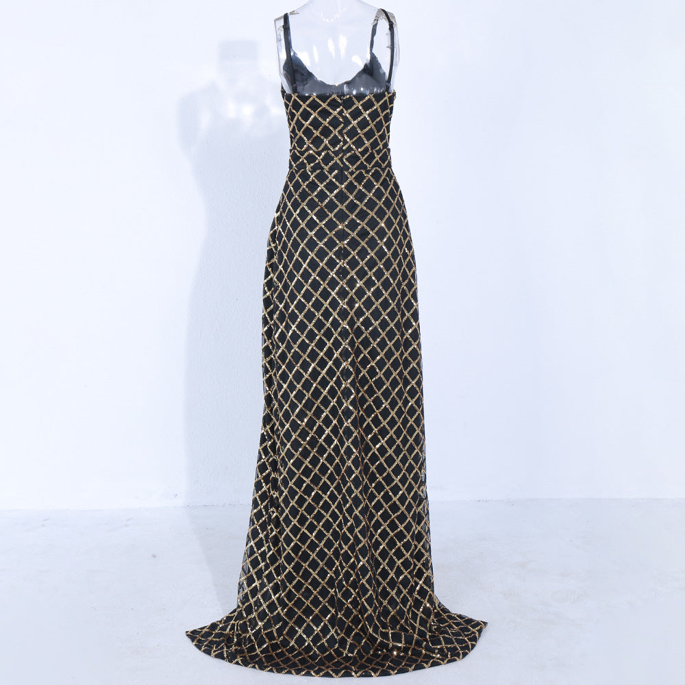 Strapless Plaid Sequined Evening Dress