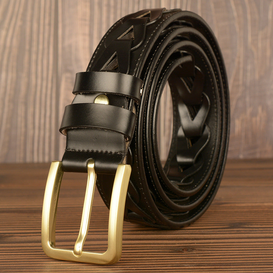 Ceinture tissée de personnalité de mode de boucle de cuivre d'imitation de peau de vache véritable pour hommes