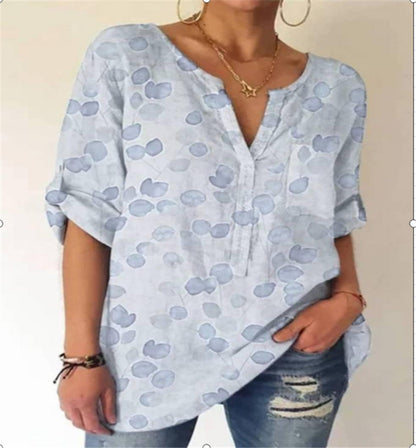 Camisa suelta de manga larga con cuello en V estampada