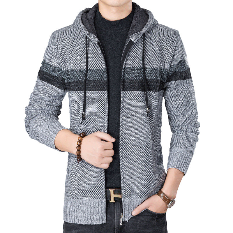 Men's Knitted Sweater Fleece Thick Hooded Casual Sweater Warm Jacket