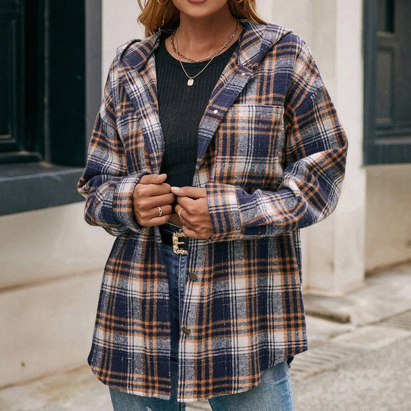 Veste à Capuche à Carreaux à Boutonnage Simple à Manches Longues et Décontractée