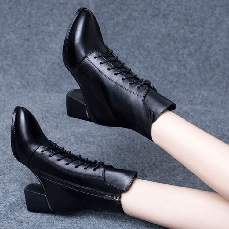 Mid Tube Leather Boots Korean Style Side Zipper Martin Boots