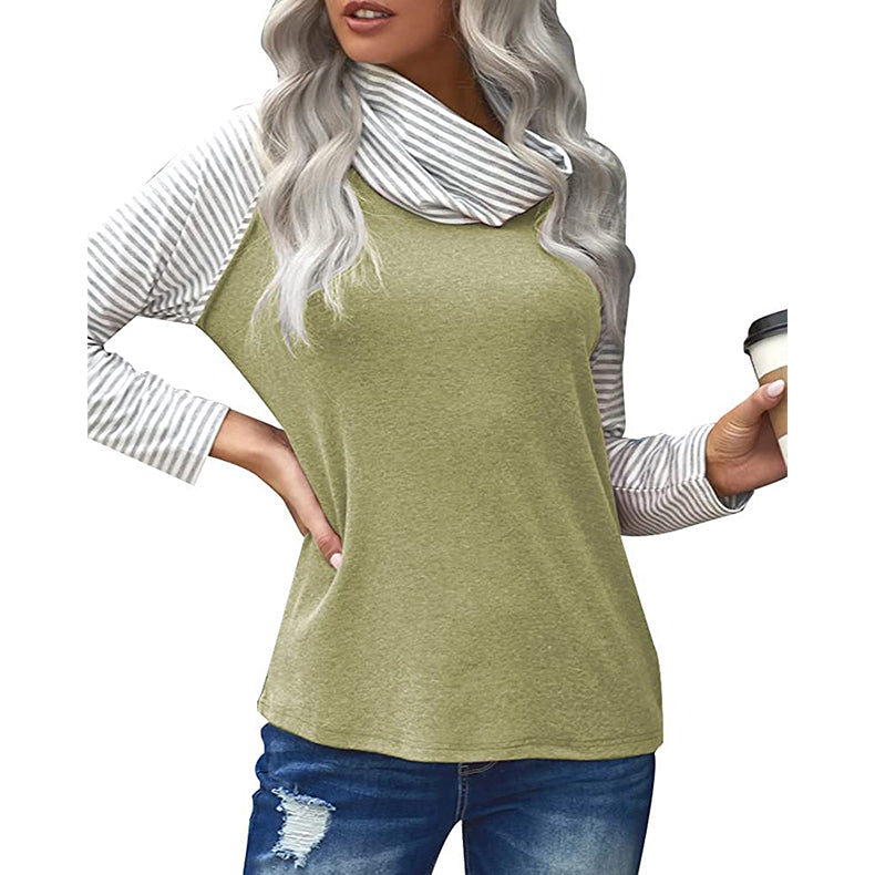 Camiseta de manga larga para mujer con cuello alto a rayas de moda superior