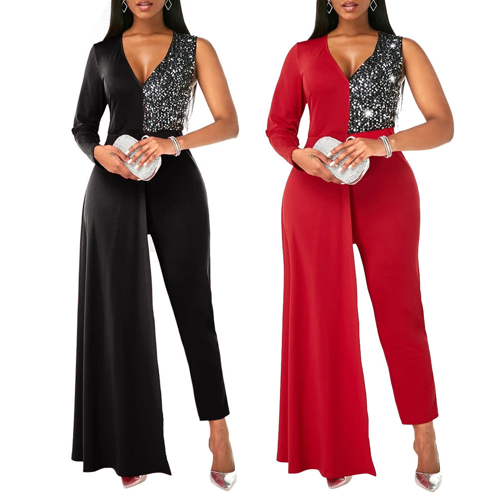 V-neck Sequin Covered Hip Jumpsuit