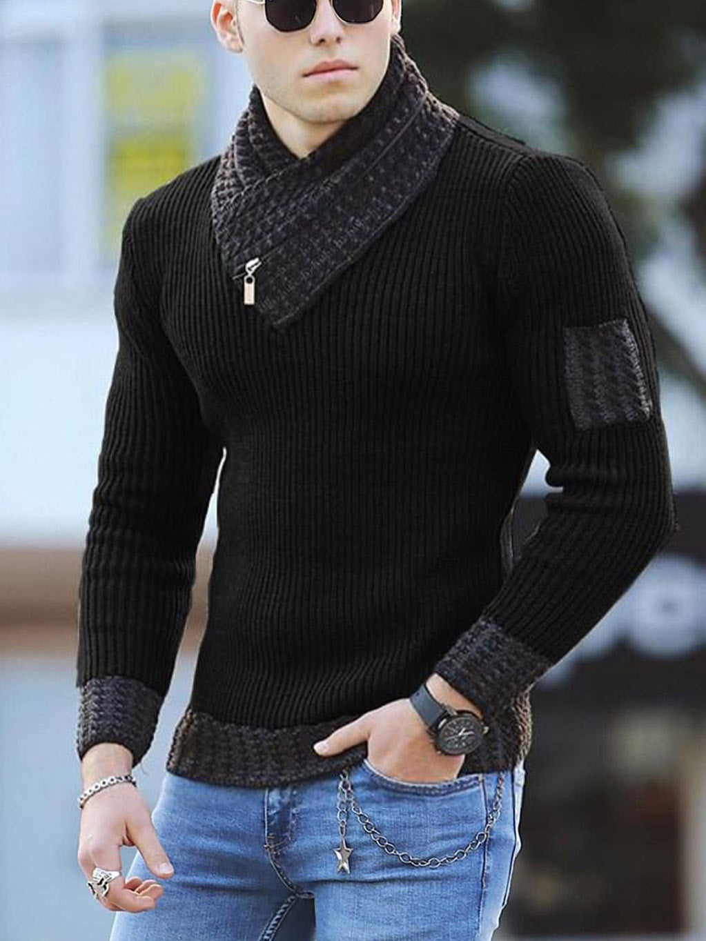 Hombres Casual Slim Knit Pullover Manga larga Bufanda Cuello Suéter