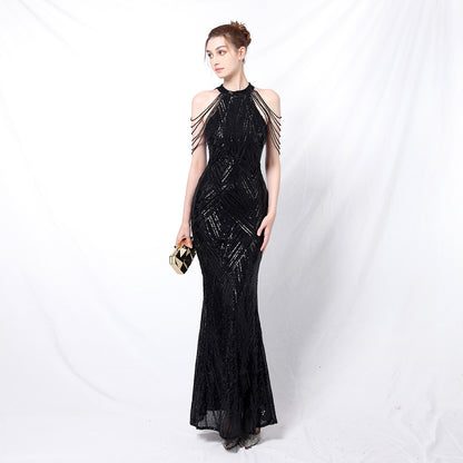 Backless Evening Dress Women Party Dress Long Wear Sequin