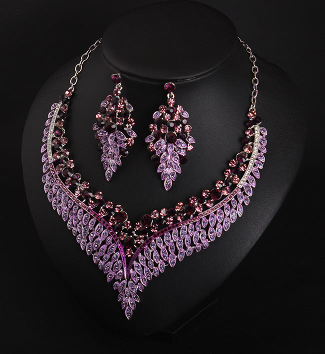 Full Rhinestone Color Clavicle Necklace Earrings Set