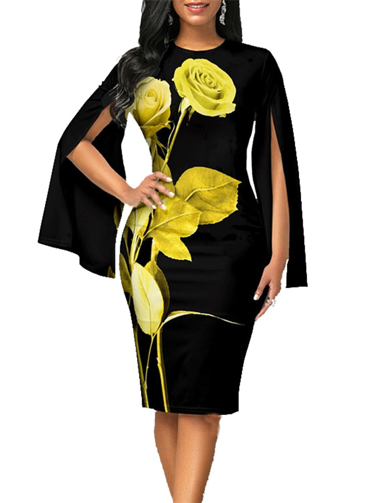 Vintage Sexy Split Fork Long Sleeve Slim Work Dresses