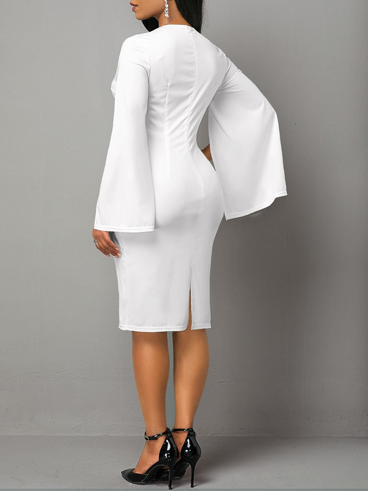 Vintage Sexy Split Fork Long Sleeve Slim Work Dresses