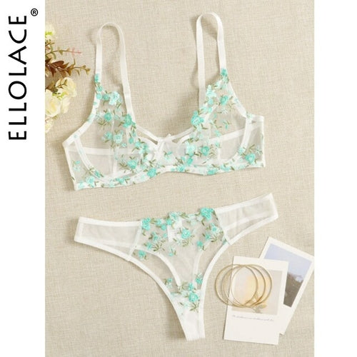 Ellolace Lingerie Ensemble Sexy Femme 2 Pièces Sous-vêtement Transparent Dentelle