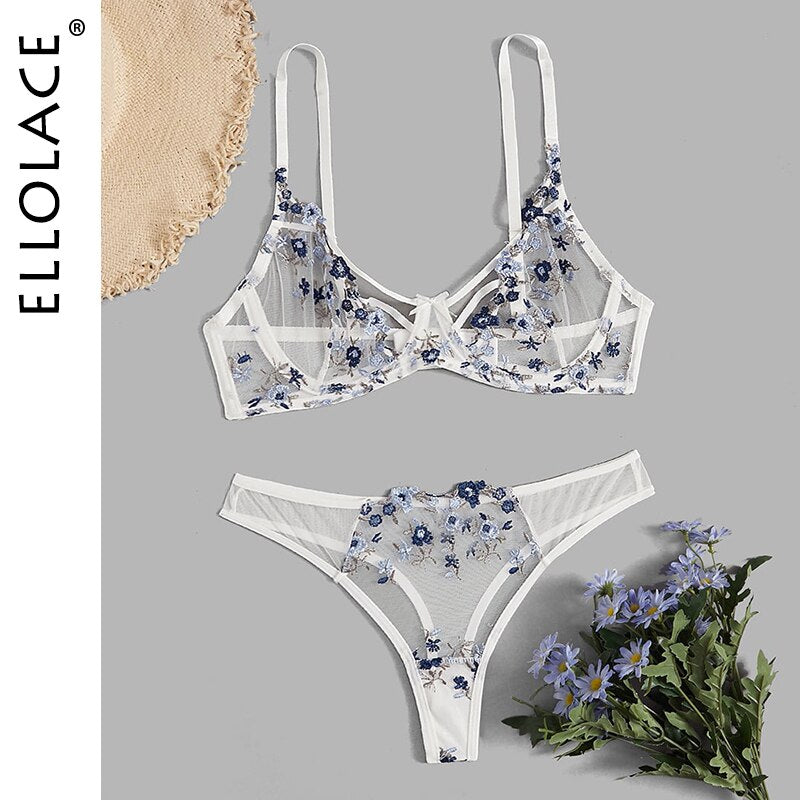 Ellolace Lingerie Sexy Set Woman 2 Pieces Transparent Underwear Lace