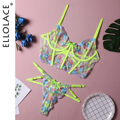 Ellolace Lingerie de Luxe Ensemble Broderie Florale Sexy Femme 2 Pièces