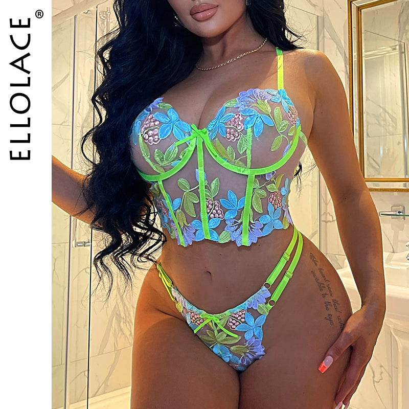 Ellolace Lingerie de Luxe Ensemble Broderie Florale Sexy Femme 2 Pièces