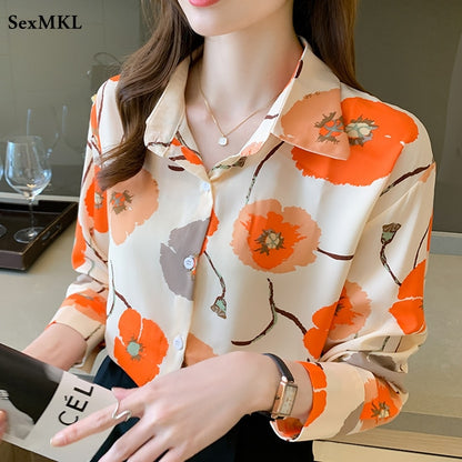 Camisa de manga larga con botones estampados florales de moda elegante para mujer