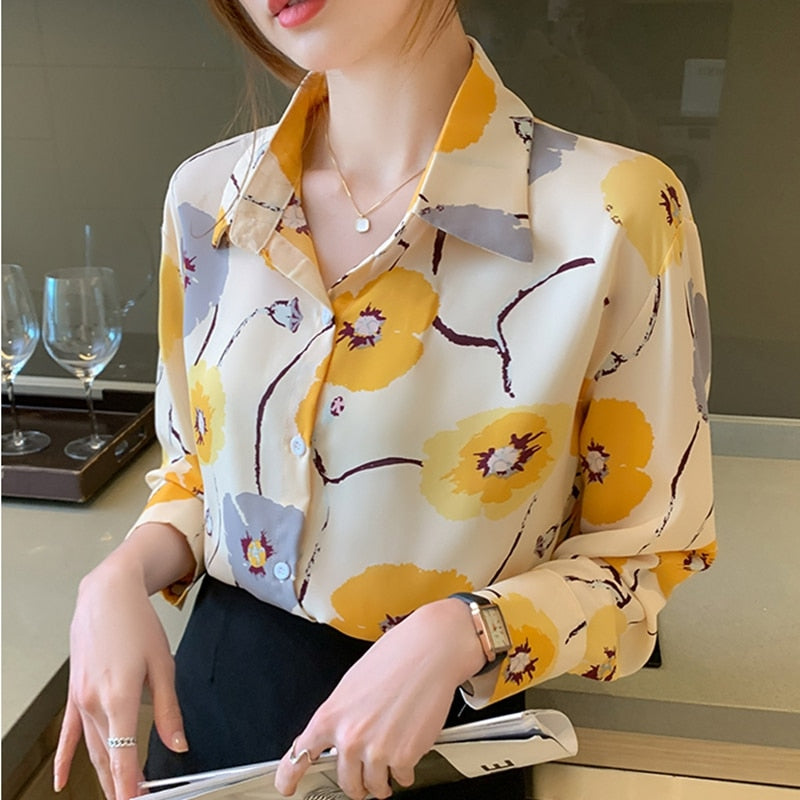 Camisa de manga larga con botones estampados florales de moda elegante para mujer