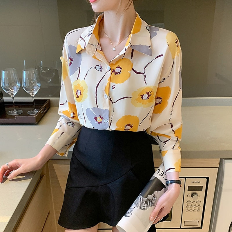 Camisa de manga larga con botones estampados florales de moda elegante para mujer