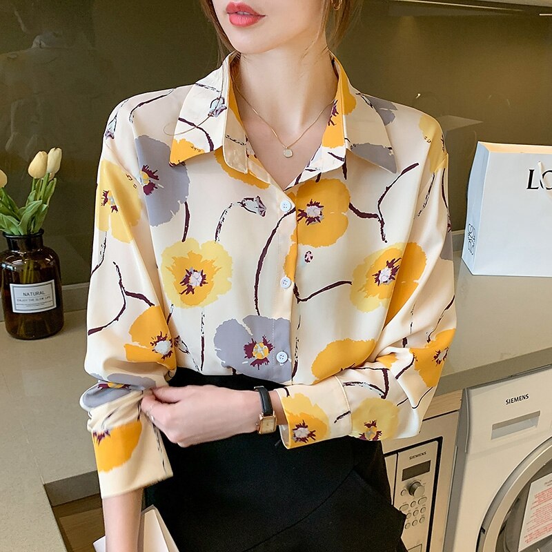 Camisa de manga larga con botones estampados florales de moda elegante para mujer