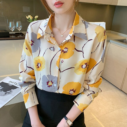 Camisa de manga larga con botones estampados florales de moda elegante para mujer