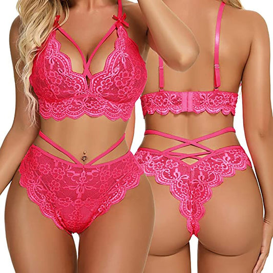 Women Lace Bra Cross Belt Brief Sets