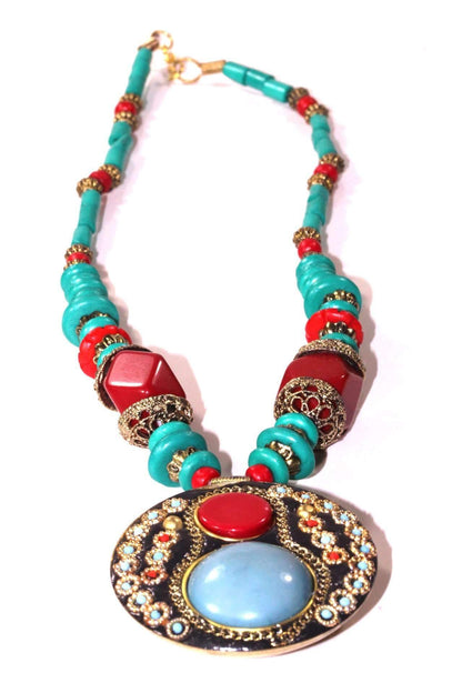 Collier Médaillon Turquoise &amp; Corail Rouge