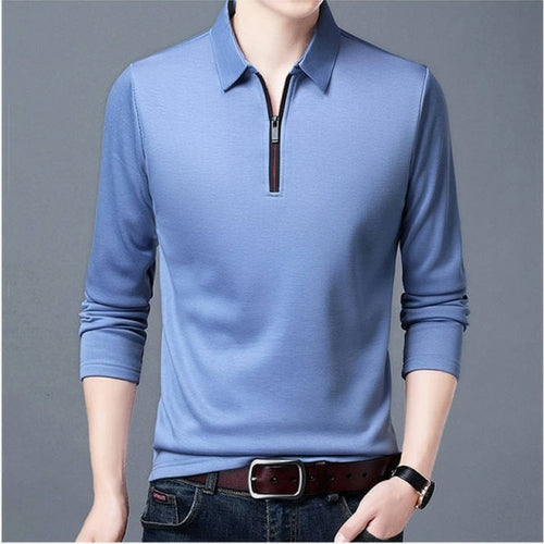 Men's Solid Color Lapel Long-sleeved Polos Zipper Shirt