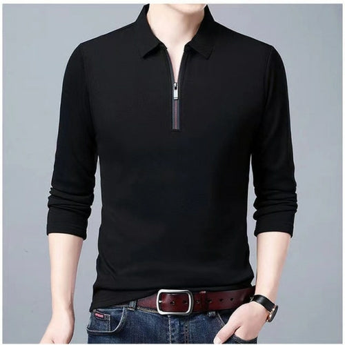 Men's Solid Color Lapel Long-sleeved Polos Zipper Shirt