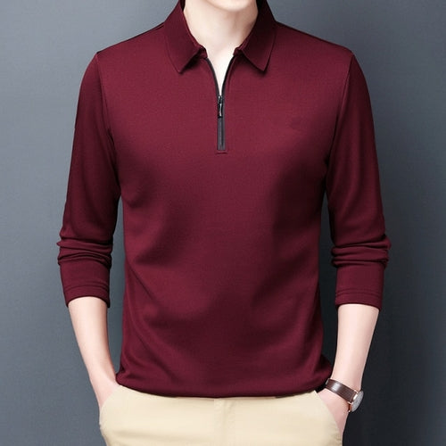 Men's Solid Color Lapel Long-sleeved Polos Zipper Shirt