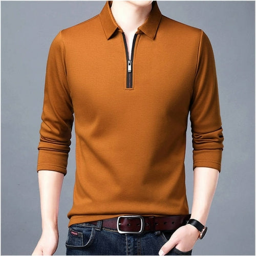 Men's Solid Color Lapel Long-sleeved Polos Zipper Shirt