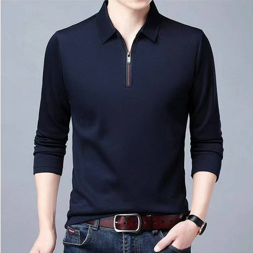 Men's Solid Color Lapel Long-sleeved Polos Zipper Shirt