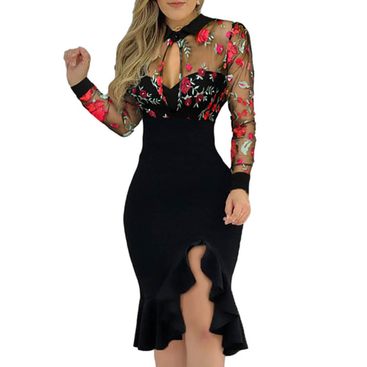 Embroidered Sequin Mesh Ruffle Dress