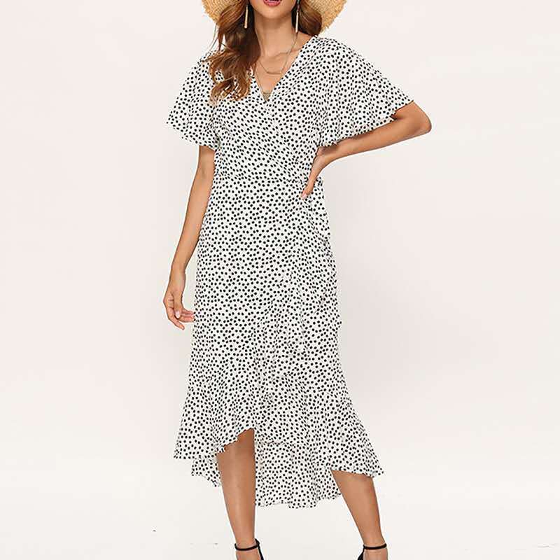 V-neck Irregular High-waisted Lace-up Flying-sleeve Chiffon Print Dress