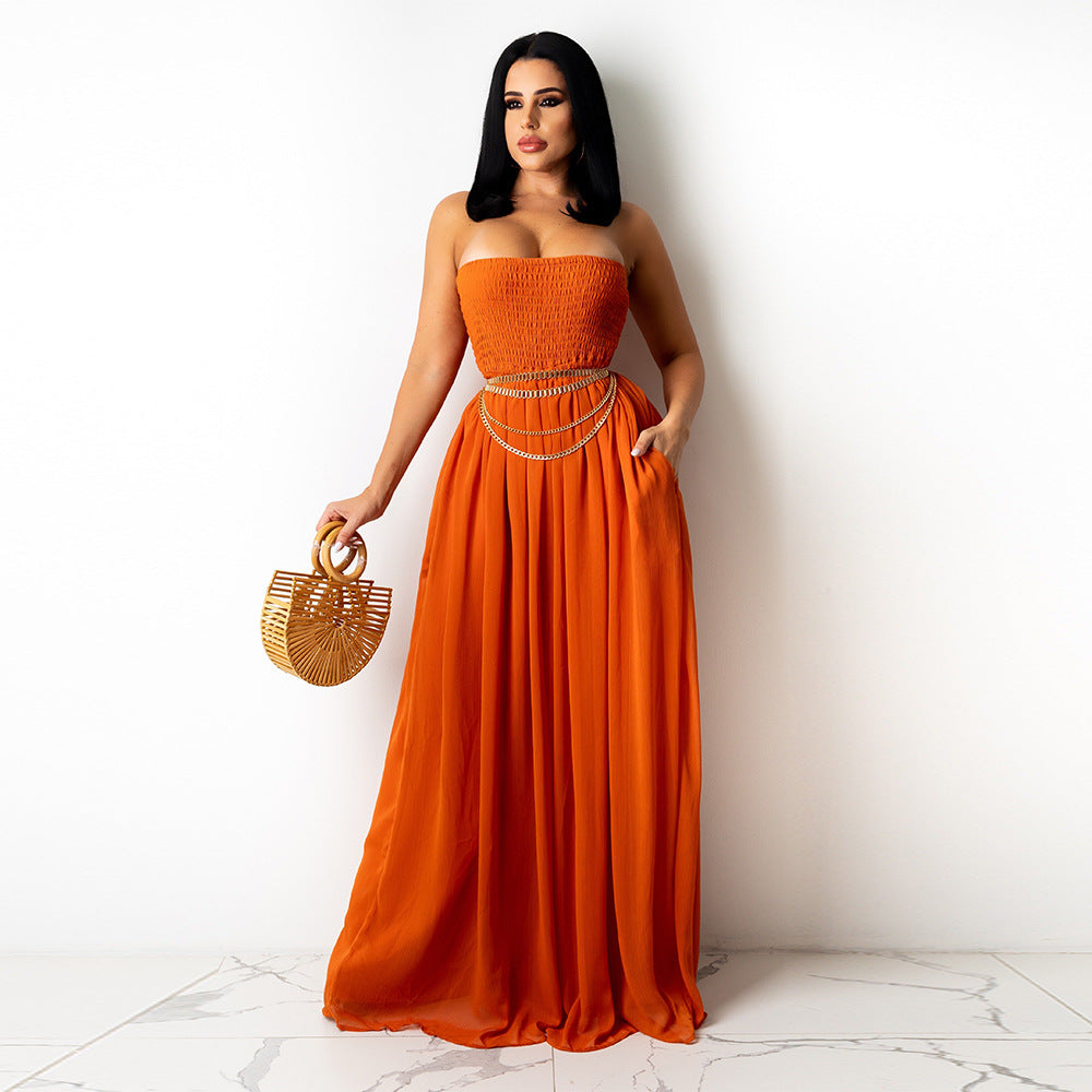 Solid Color Chiffon Tube Top  Wide Leg Fashion Jumpsuit