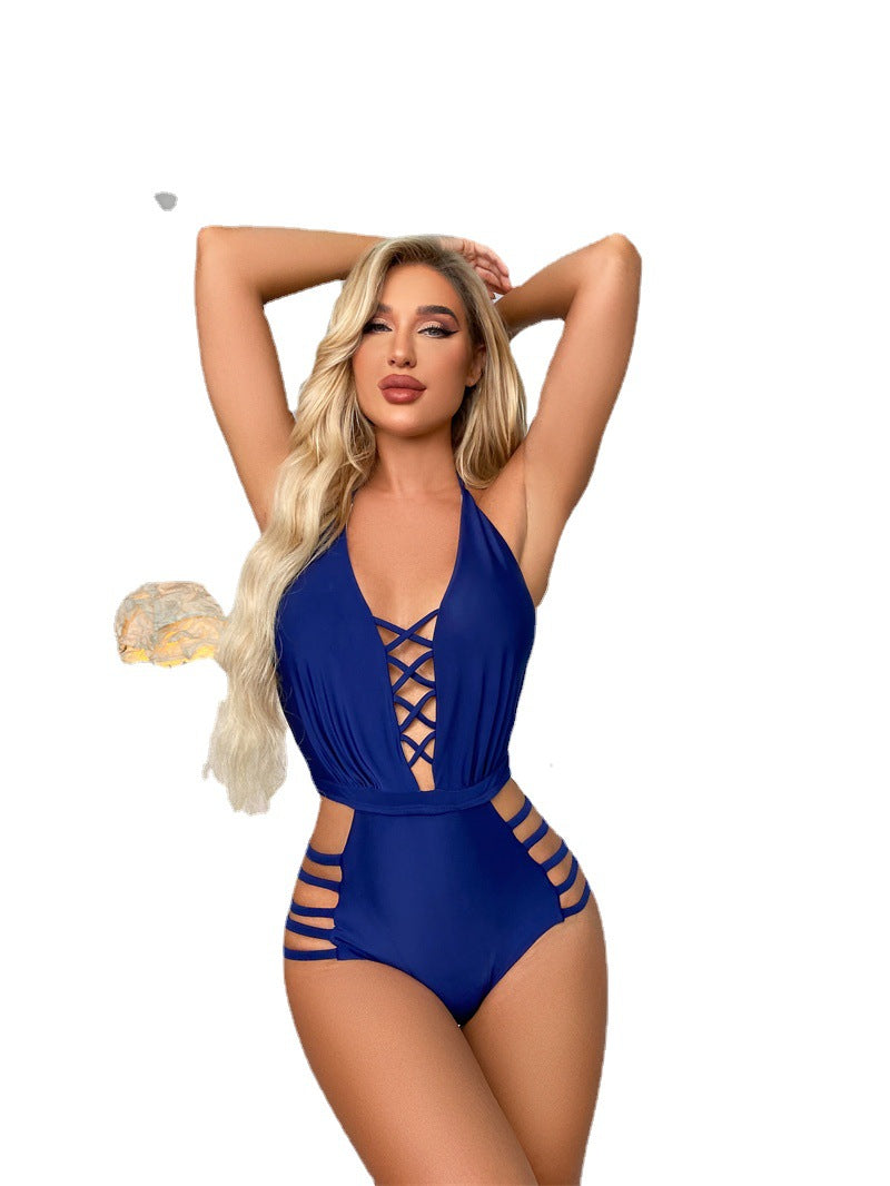 Little Jasmine Backless Solid Color Multi-rope Hot Spring One Piece Swimsuit