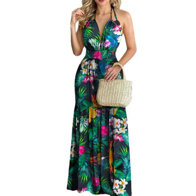 Printed Backless Long Skirt Dress