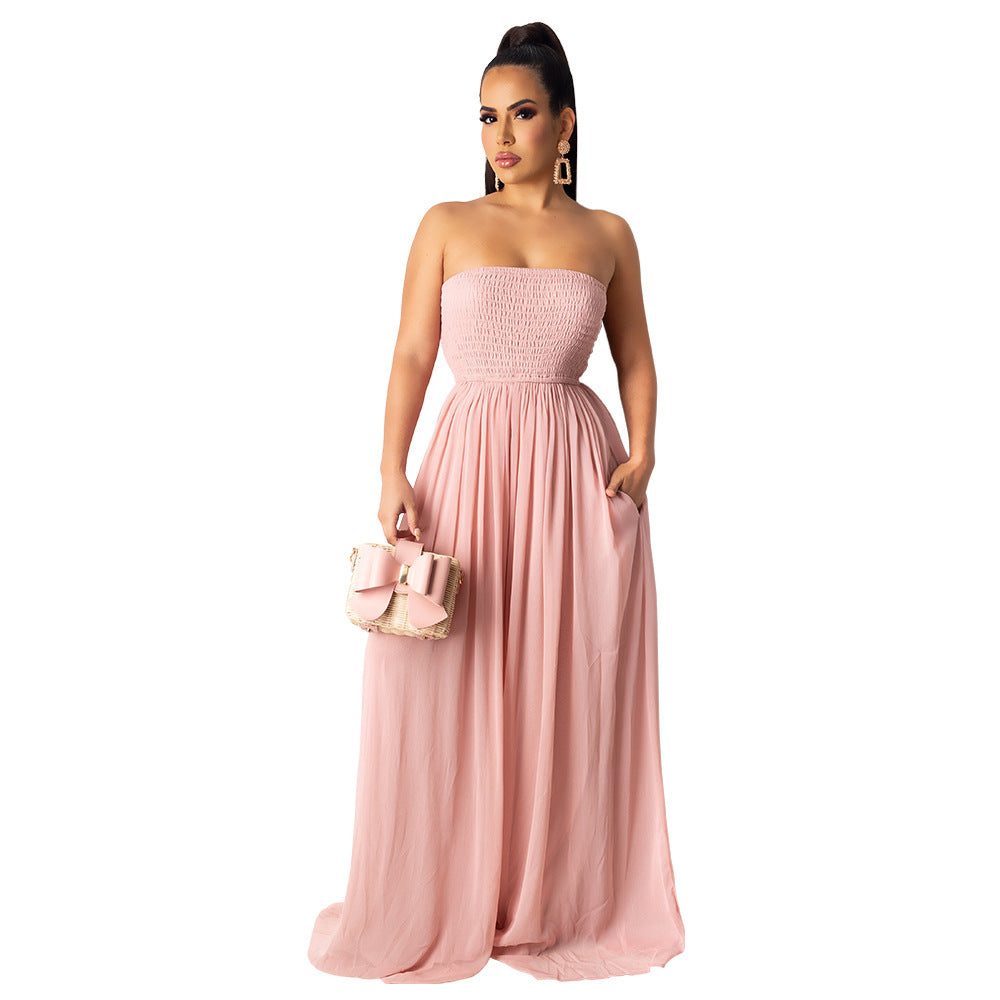 Solid Color Chiffon Tube Top  Wide Leg Fashion Jumpsuit