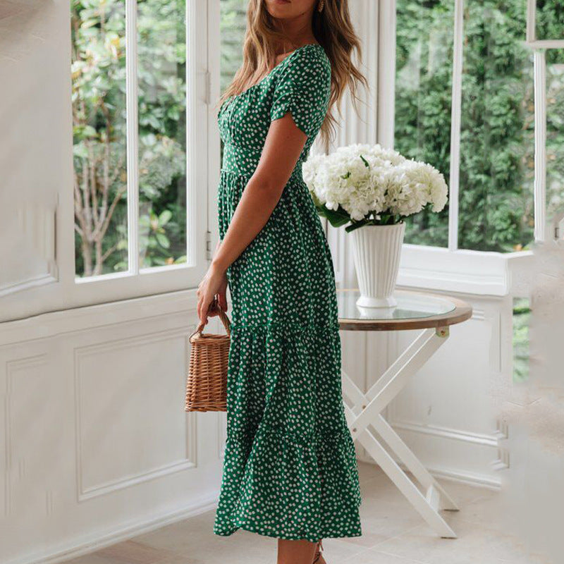 Square Neck Puff Sleeve Floral Dress Long Skirt