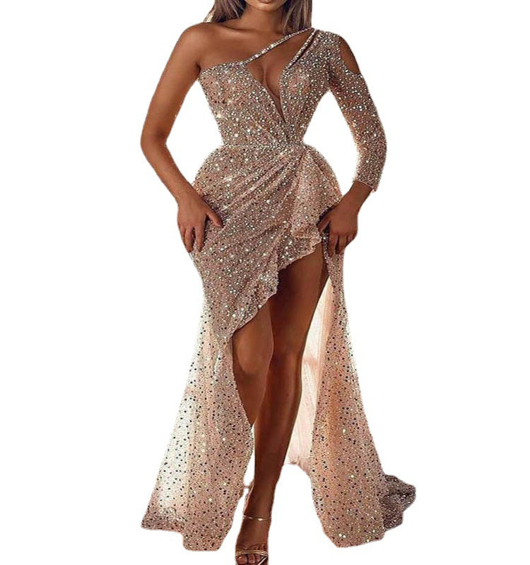 High Slit Long Sleeve Sequin Party Evening Dress