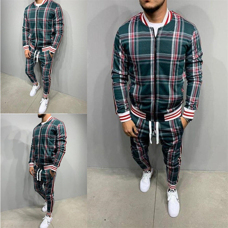 Conjunto de pantalones y cremallera de chaqueta a cuadros de moda para hombre 