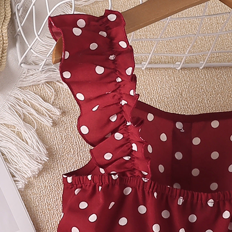 Vestido de princesa con tirantes y mangas voladoras pequeñas de lunares 