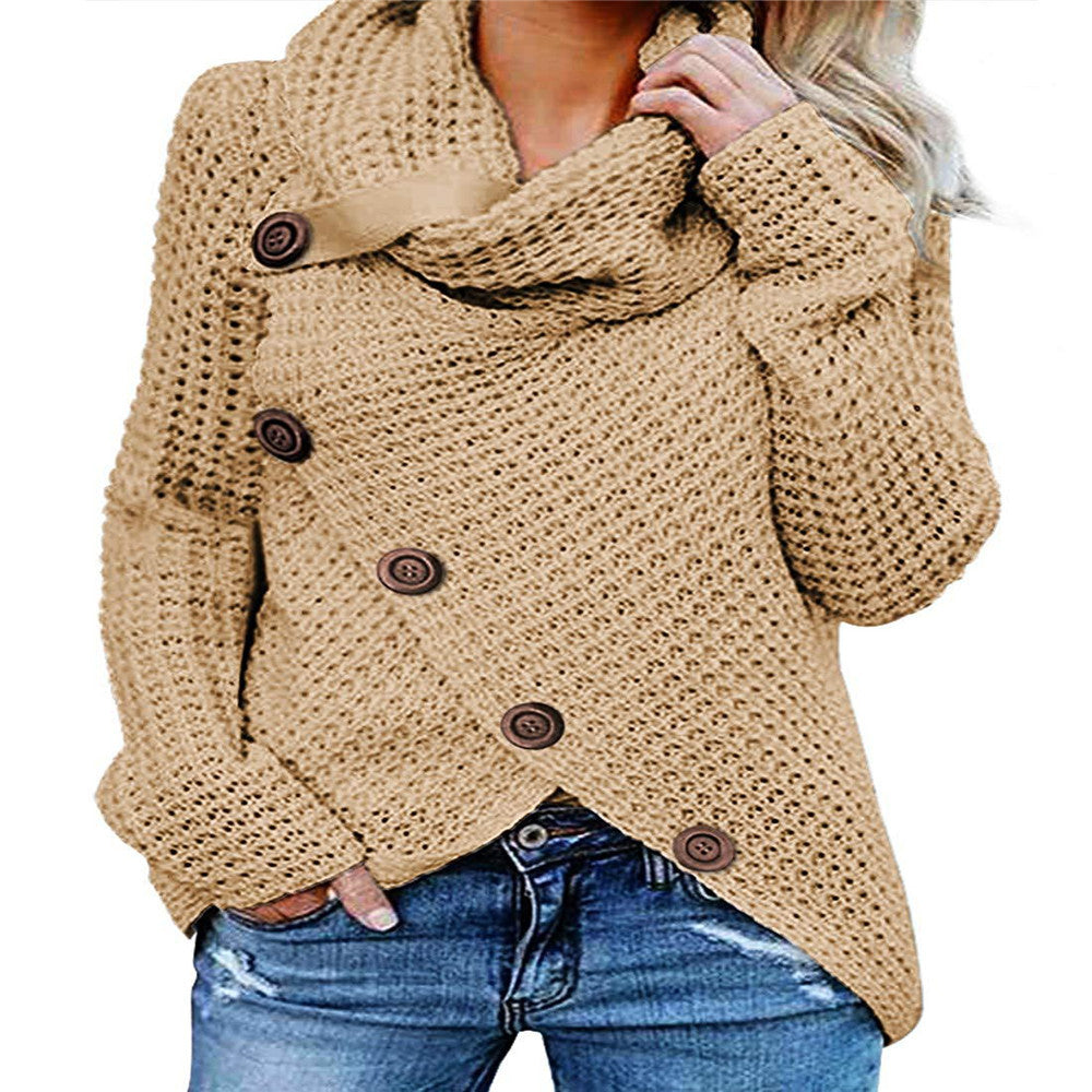 Five-button Turtleneck Pullover Solid Color Women Long-Sleeved Sweater