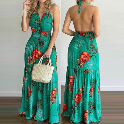 Printed Backless Long Skirt Dress