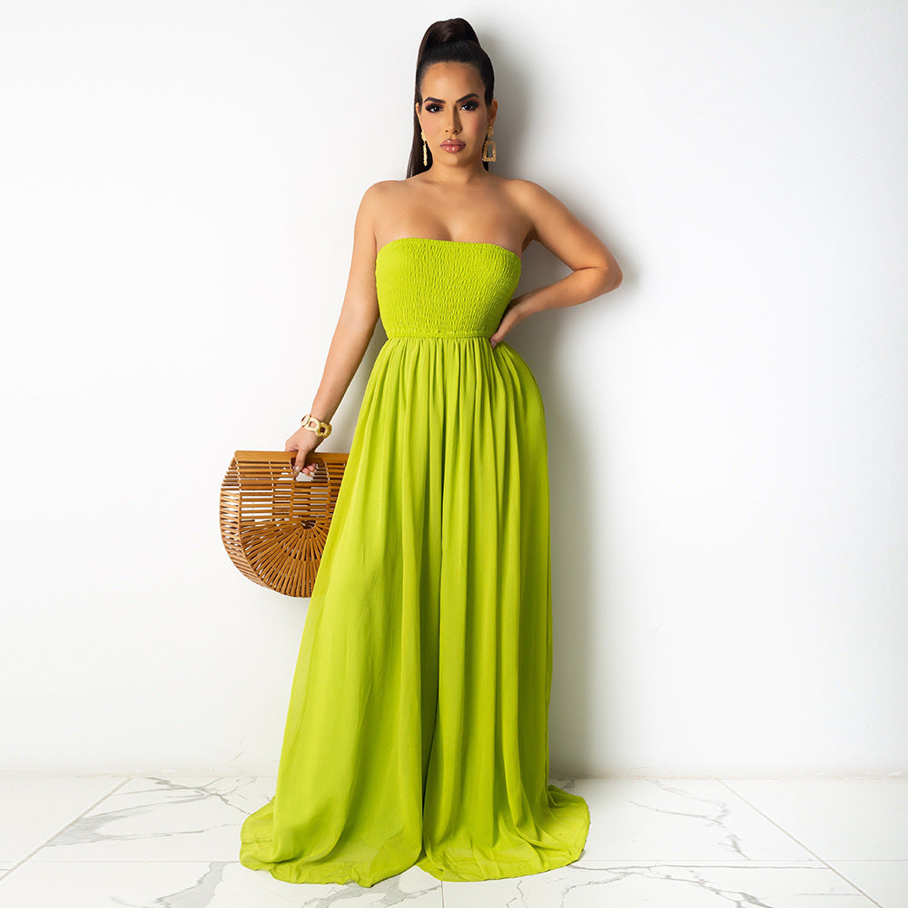 Solid Color Chiffon Tube Top  Wide Leg Fashion Jumpsuit