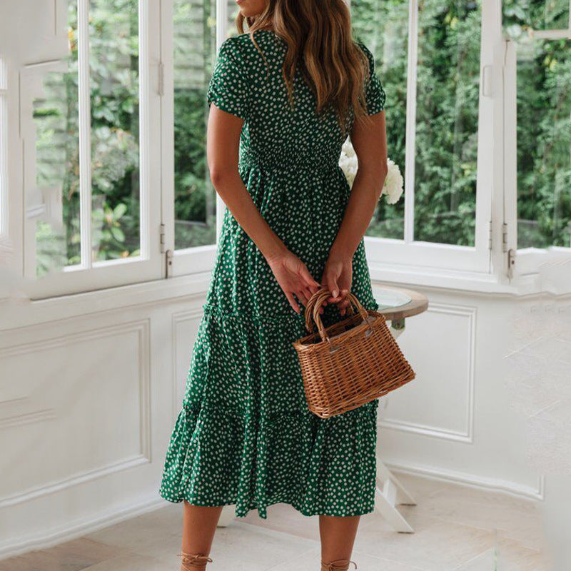 Square Neck Puff Sleeve Floral Dress Long Skirt