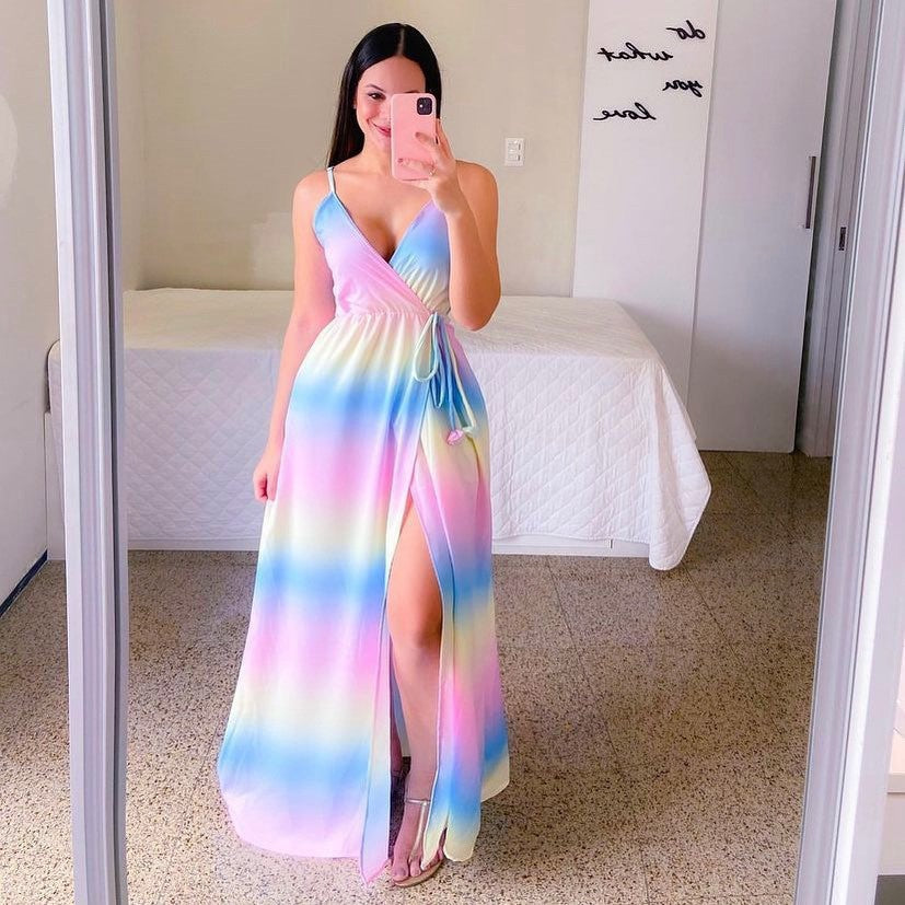 Vestido con estampado de cintura con abertura sexy en color degradado con cuello en V 