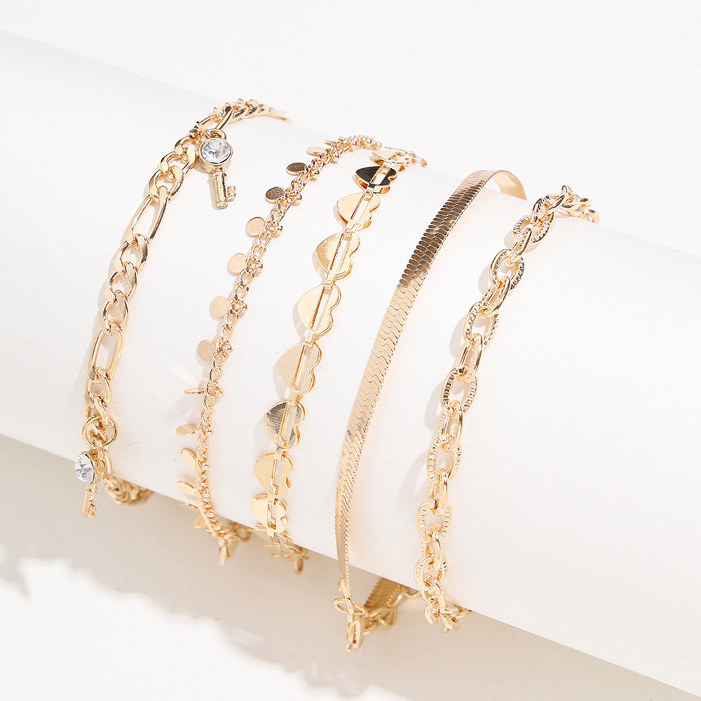 New Hollow Love Anklet Disc Snake-shaped Chain Diamond Key Tassel 5 Piece Set Foot Jewelry